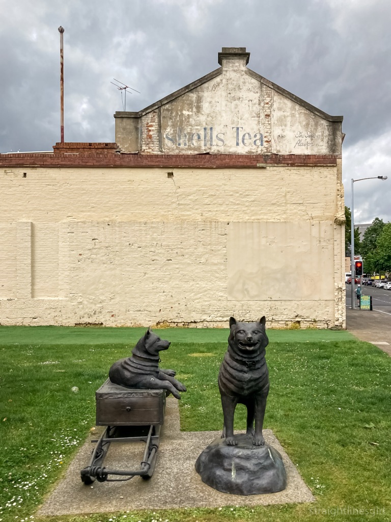 A statue of two huskies on sleds in front of wall with a faded sign on the top reading "Bushells Tea"