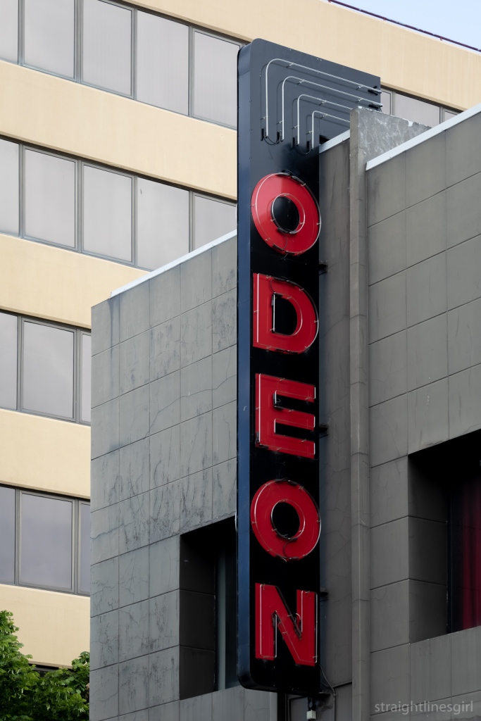 A red neon sign with the vertial lettering ODEON