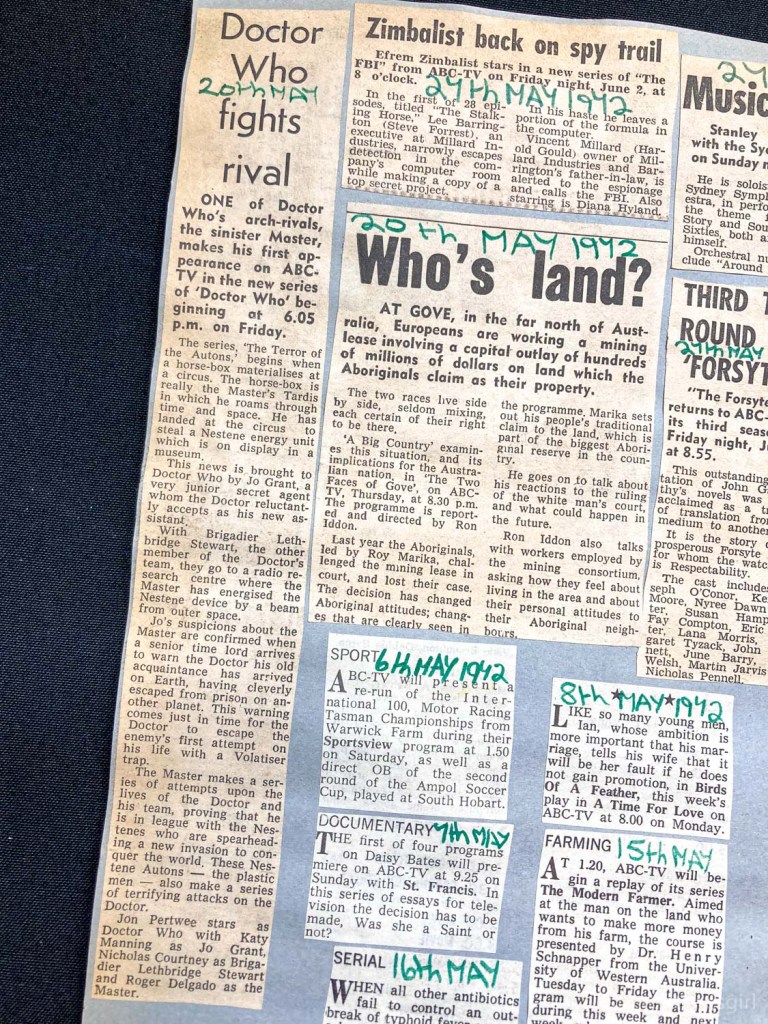 A page of newspaper clippings from May 1972 about ABC TV programs including "Doctor Who fights rival"